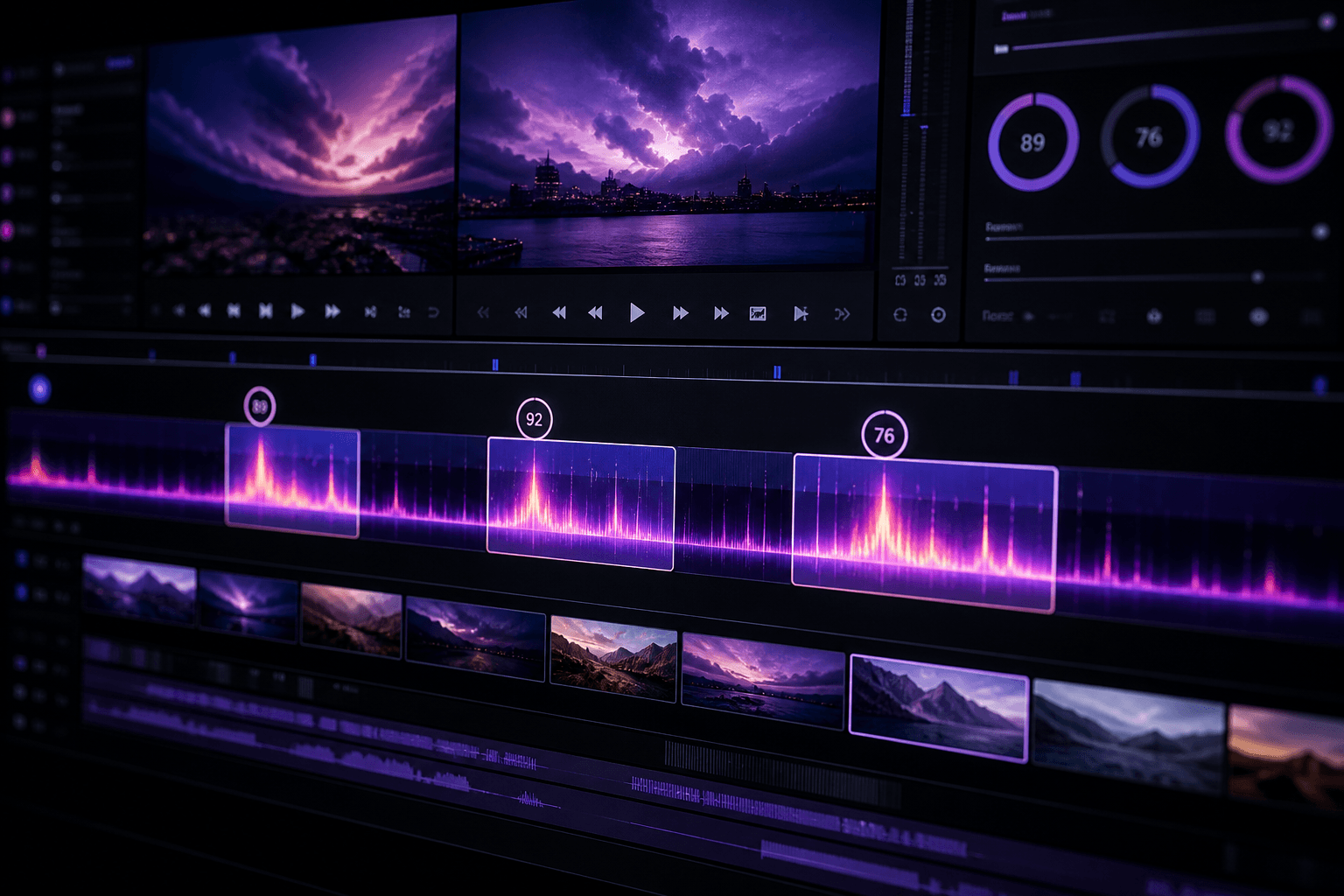 Timeline video cu heatmap și momente evidențiate de AI